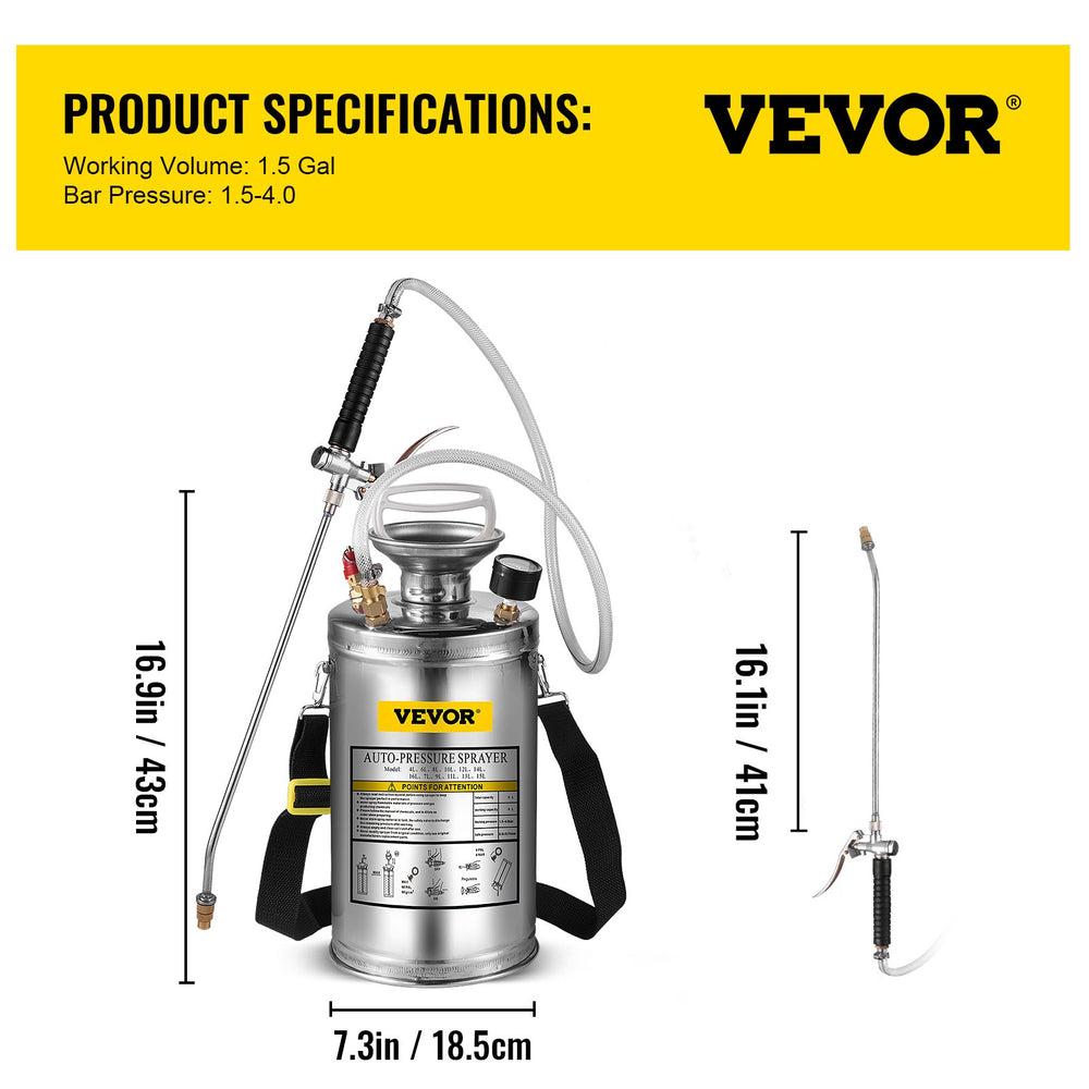 VEVOR Stainless Steel Sprayer 6L Household Gardening and Floor Cleaning Sprayer, Suitable for the Current Neds of Industry, Agriculture, Commerce, Medicine and Other Industries