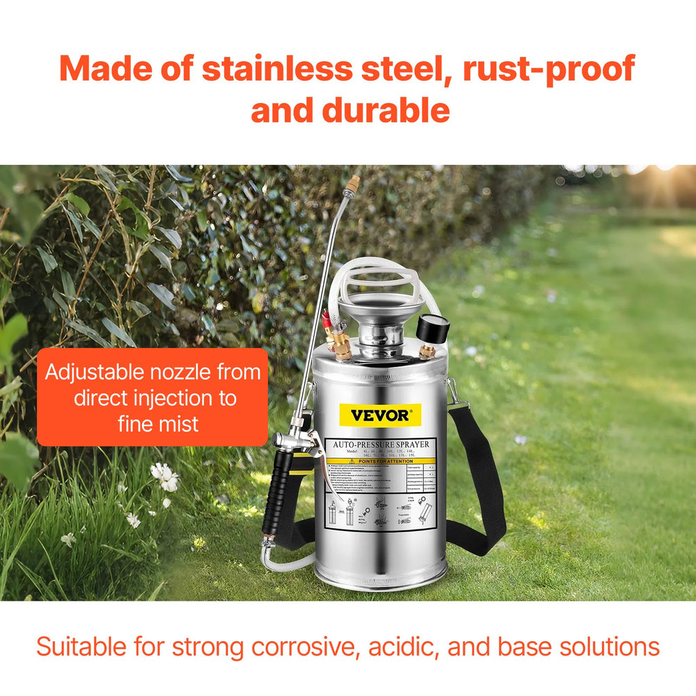 VEVOR Stainless Steel Sprayer 6L Household Gardening and Floor Cleaning Sprayer, Suitable for the Current Neds of Industry, Agriculture, Commerce, Medicine and Other Industries