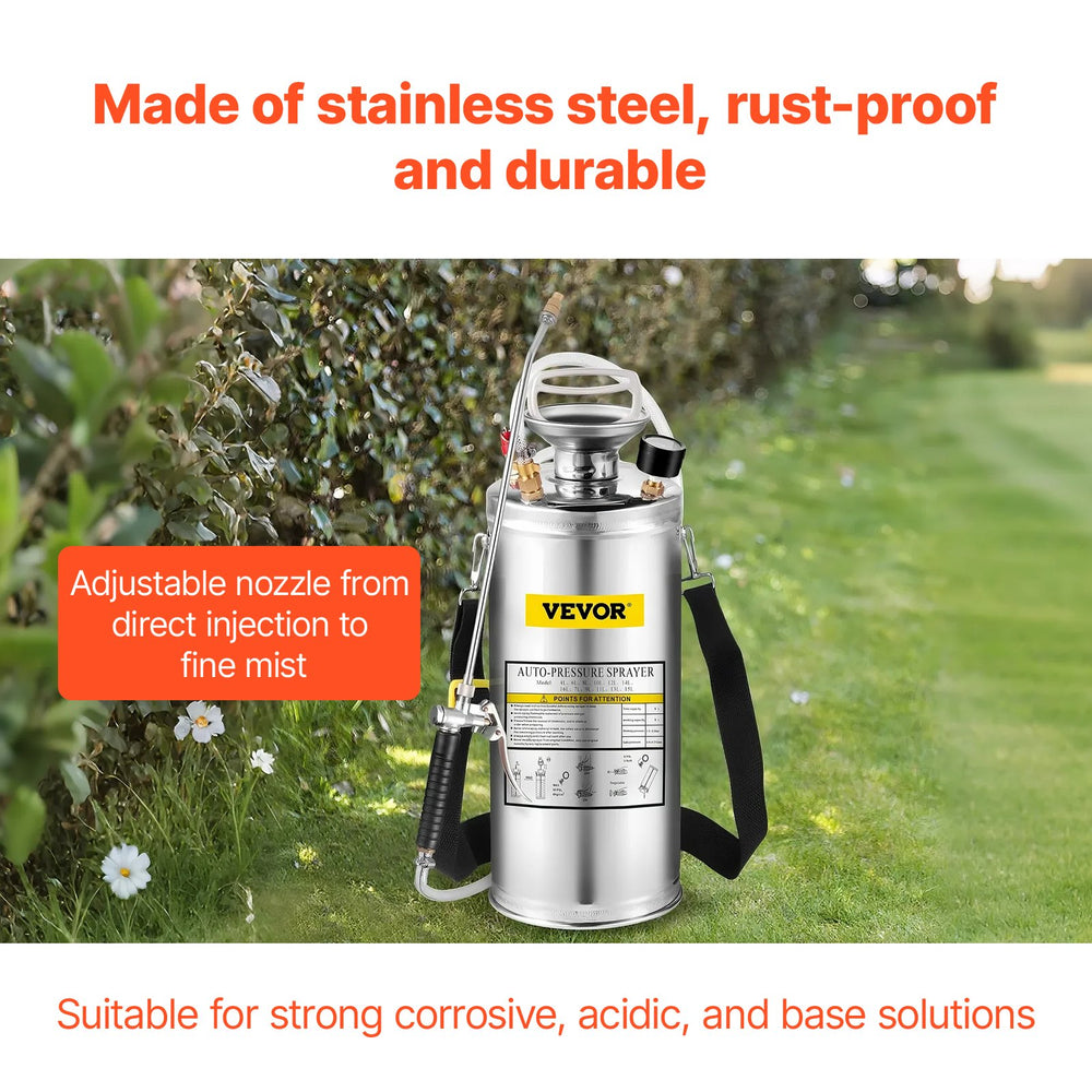 VEVOR Stainless Steel Sprayer 8L Household Gardening and Floor Cleaning Sprayer, Suitable for the Current Neds of Industry, Agriculture, Commerce, Medicine and Other Industries