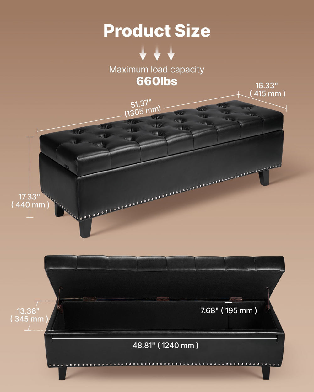 VEVOR Button-Tufted Storage Ottoman Bench, PU Leather Bench with Storage and Solid Wood Legs, Modern Shoe Benches Seat for Entryway, Upholstered End of Bed Benches for Living Room, Dining Room, Black