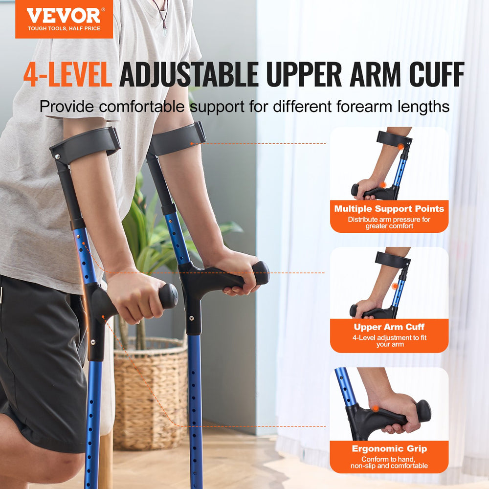 VEVOR Forearm Crutches for Adults, 11-Level Height Adjustable Walking Crutches with 4-Level Upper Cuff, Lightweight Aluminum Medical Support Crutches for Leg Injury Surgery Disabled, 1 Pair (350LBS)