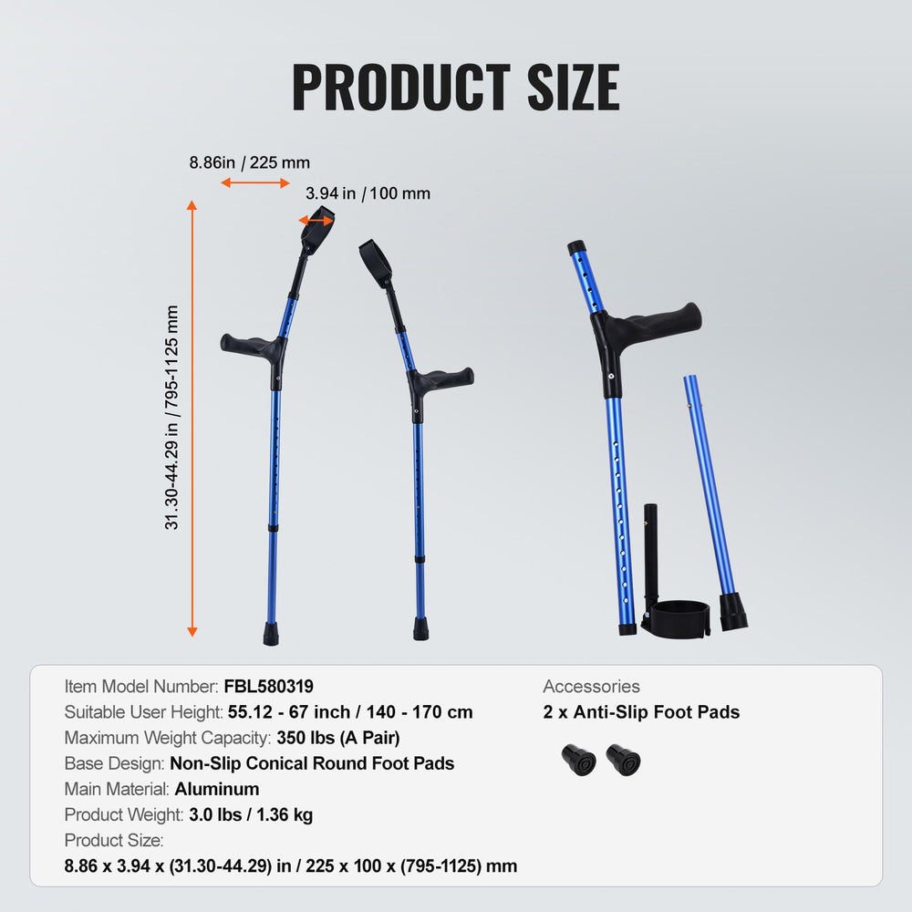 VEVOR Forearm Crutches for Adults, 11-Level Height Adjustable Walking Crutches with 4-Level Upper Cuff, Lightweight Aluminum Medical Support Crutches for Leg Injury Surgery Disabled, 1 Pair (350LBS)