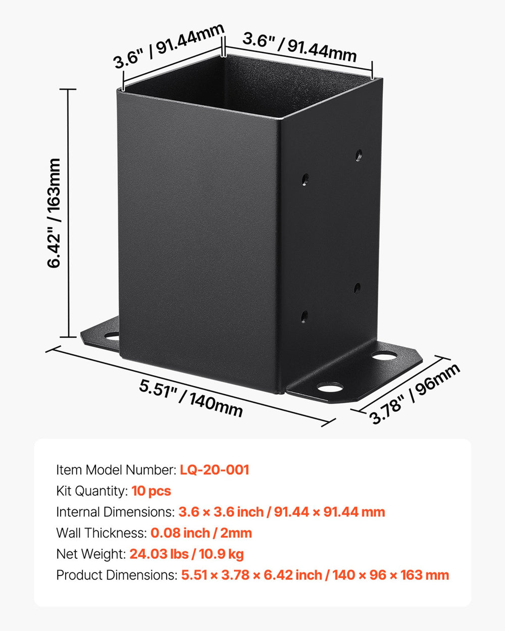VEVOR 4x4 Post Base 10 Pcs, Inner Size 3.6x3.6 inch / 91.44x91.44 mm Post Brackets, Heavy Duty Carbon Steel Decking Posts, Wood Posts Brackets for Pavilion Deck Railing Support Deck Base Plate, Black