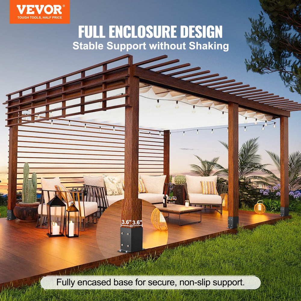 VEVOR 101.6x101.6mm Post Base 2 Pcs, Inner Size 91x91 Post Base Brackets, Heavy Duty Powder-Coated Post Anchor Matte Black Wood Post Brackets for Pavilion Deck Railing Support Deck Base Plate