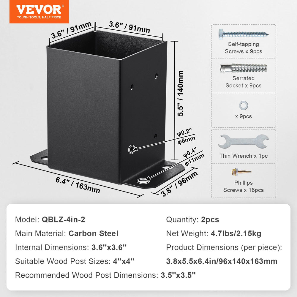 VEVOR 101.6x101.6mm Post Base 2 Pcs, Inner Size 91x91 Post Base Brackets, Heavy Duty Powder-Coated Post Anchor Matte Black Wood Post Brackets for Pavilion Deck Railing Support Deck Base Plate