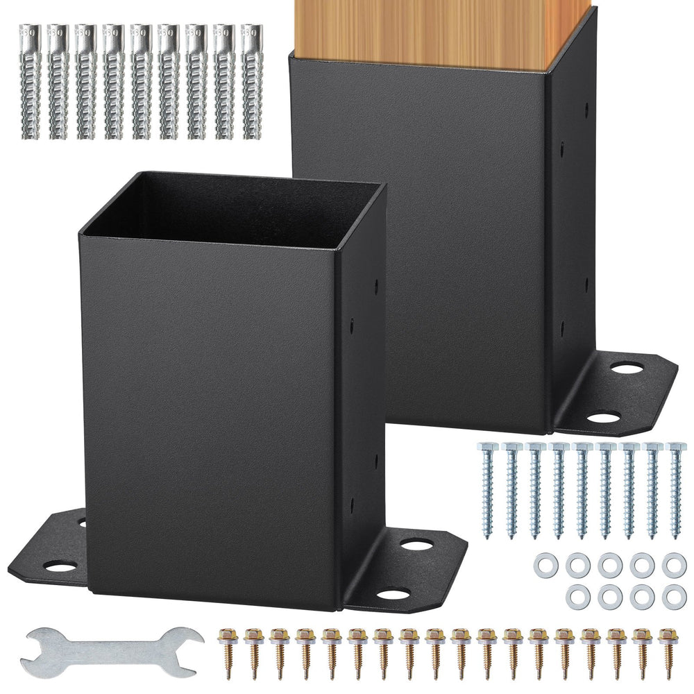 VEVOR 101.6x101.6mm Post Base 2 Pcs, Inner Size 91x91 Post Base Brackets, Heavy Duty Powder-Coated Post Anchor Matte Black Wood Post Brackets for Pavilion Deck Railing Support Deck Base Plate