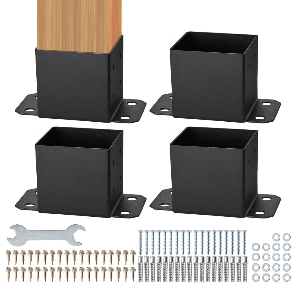 VEVOR 152.4x152.4 Post Base 4 Pcs, Inner Size 142x142 Post Base Brackets, Heavy Duty Powder-Coated Post Anchor Matte Black Wood Post Brackets for Pavilion Deck Railing Support Deck Base Plate