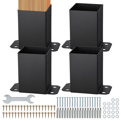 VEVOR 101.6x101.6mm Post Base 4 Pcs, Inner Size 91x91 Post Base Brackets, Heavy Duty Powder-Coated Post Anchor Matte Black Wood Post Brackets for Pavilion Deck Railing Support Deck Base Plate