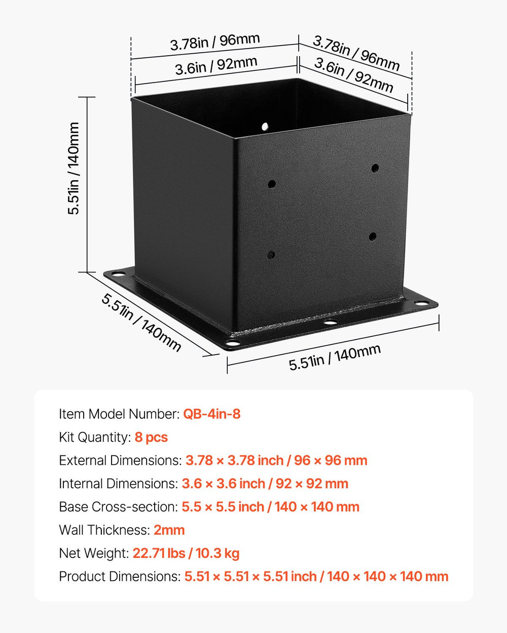 VEVOR 4x4 Post Base 8 Pcs, Inner Size 3.6x3.6 inch / 92x92 mm Post Brackets, Heavy Duty Carbon Steel Decking Posts, Wood Posts Brackets for Pavilion Deck Railing Support Deck Base Plate, Black