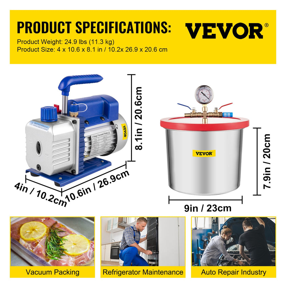 VEVOR 2 Gallon/7.6 L Vacuum Chamber Silicone Epoxy Degassing 4CFM 113L/min 1/3HP Vacuum Pump