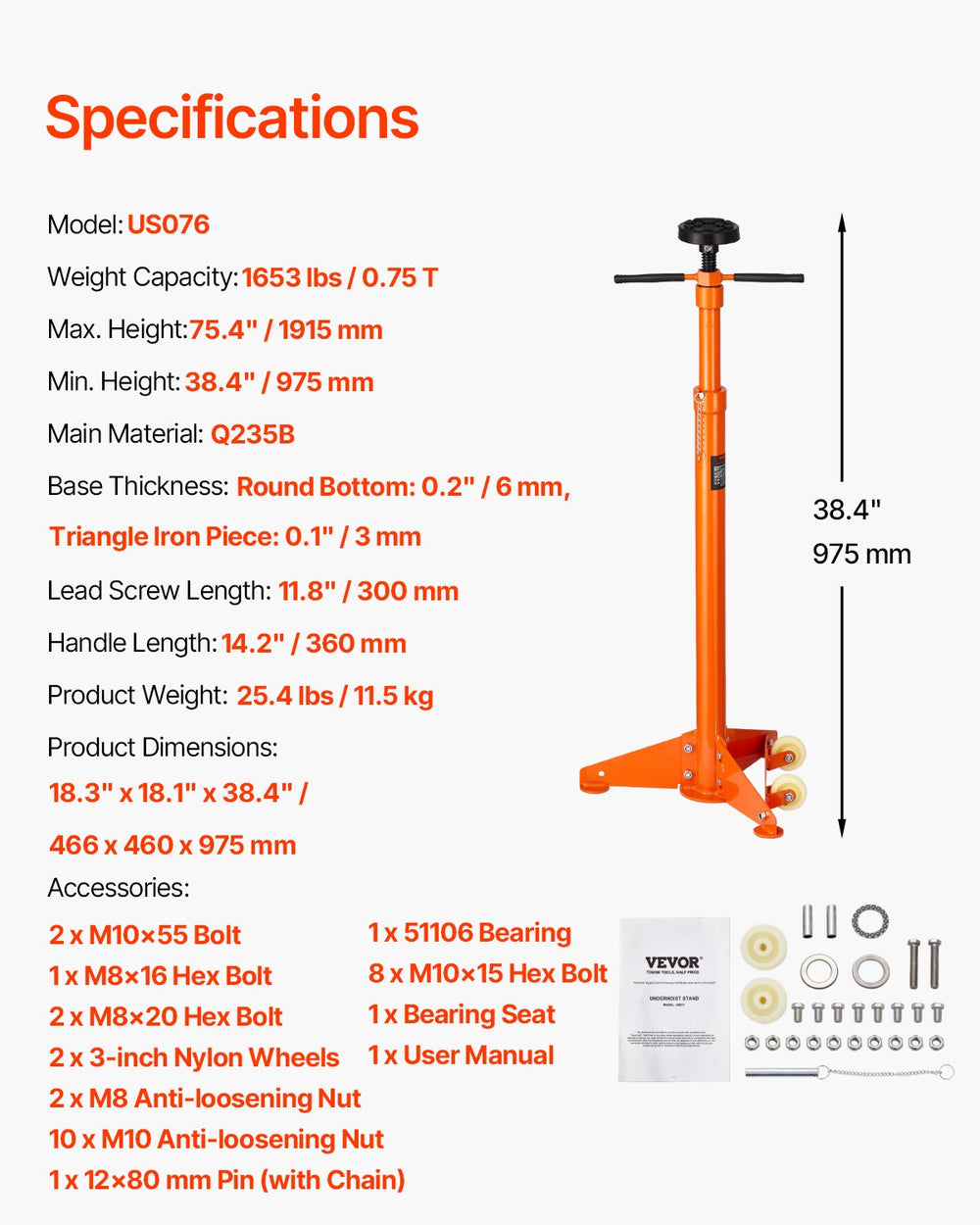 VEVOR Underhoist Support Stand, 3/4 Ton Capacity Under Hoist Jack Stand, Lifting from 38.4 to 75.4 in, Bearing Mounted Spin Handle, Self-Locking Threaded Screw, Two Wheels, Support Vehicle Components