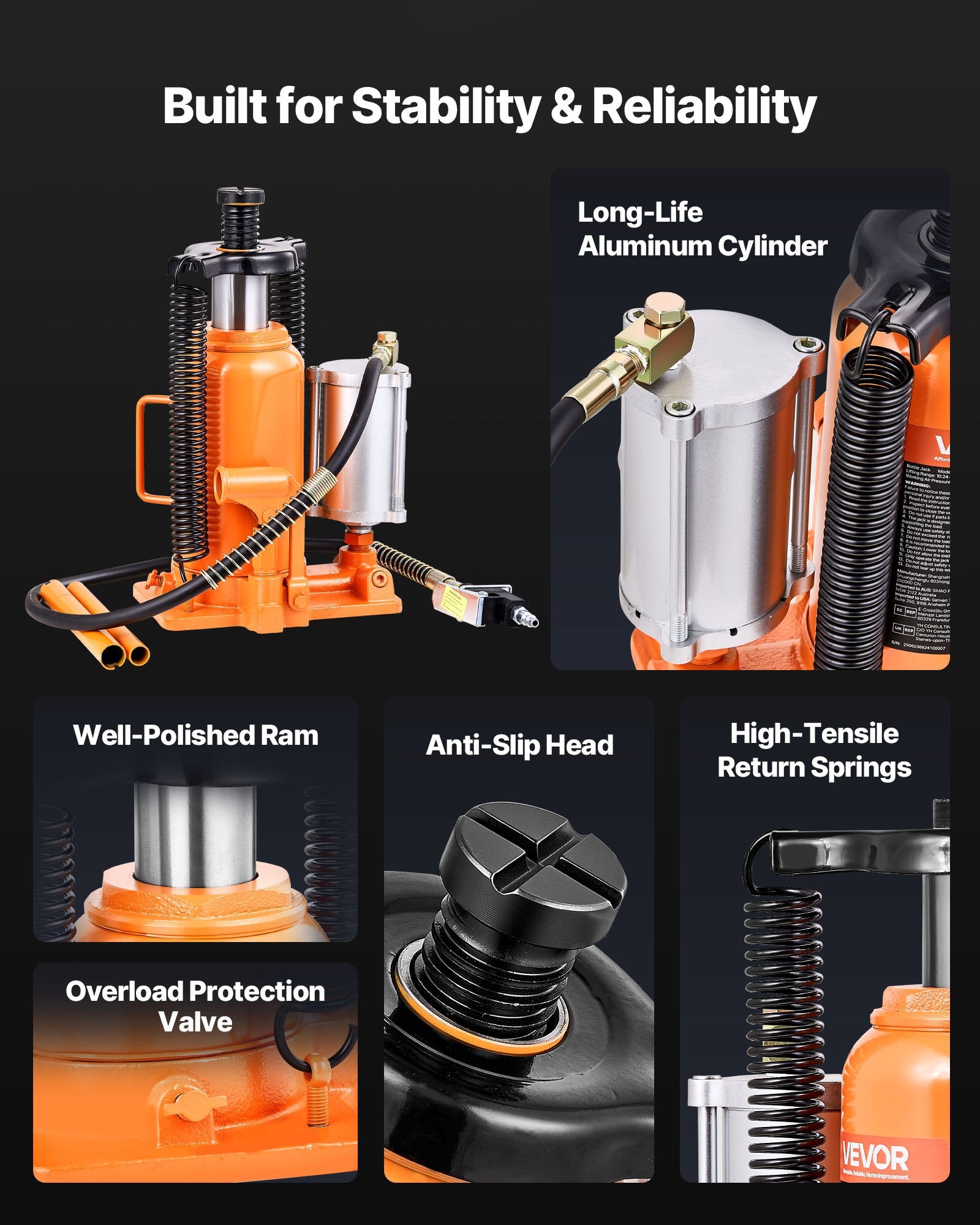 VEVOR Air Hydraulic Bottle Jack, 20 Ton (44092 lbs) Capacity, 260-495 mm Lifting Range, Pneumatic/Manual Heavy Duty Welded Bottle Jack with Pump for SUV, Pickup, Truck, RV, Car Auto Repair, Orange