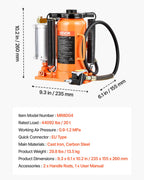 VEVOR Air Hydraulic Bottle Jack, 20 Ton (44092 lbs) Capacity, 260-495 mm Lifting Range, Pneumatic/Manual Heavy Duty Welded Bottle Jack with Pump for SUV, Pickup, Truck, RV, Car Auto Repair, Orange