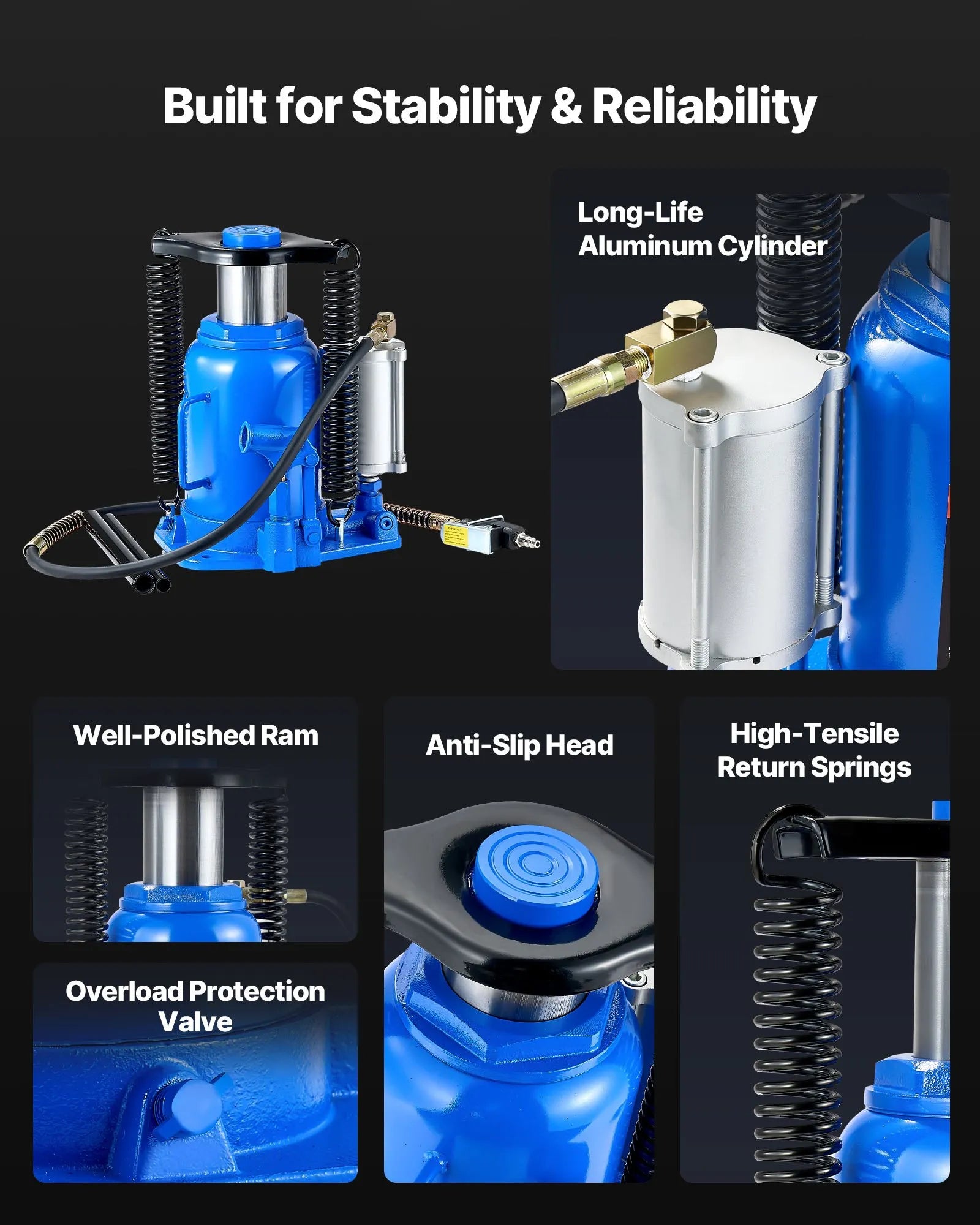 VEVOR Air Hydraulic Bottle Jack, 32 Ton (70546.9 lbs) Capacity, 255-415 mm Lifting Range, Pneumatic/Manual Heavy Duty Welded Bottle Jack with Pump for SUV, Pickup, Truck, RV, Car, Auto Repair, Blue