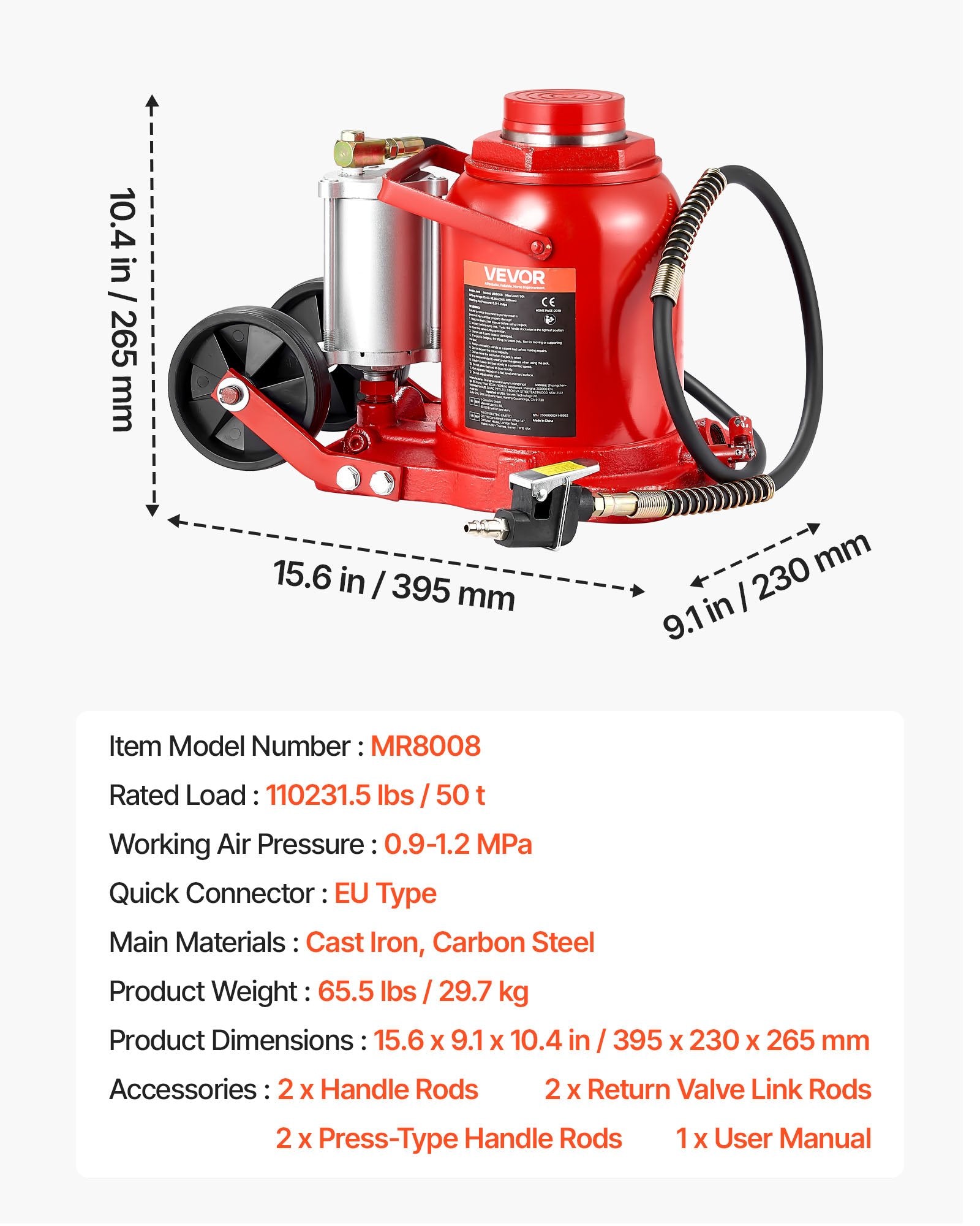 VEVOR Air Hydraulic Bottle Jack, 50 Ton (110231.5 lbs) Capacity, 265-410 mm Lifting Range, Pneumatic/Manual Heavy Duty Welded Bottle Jack with Pump for SUV, Pickup, Truck, RV, Car Auto Repair, Red