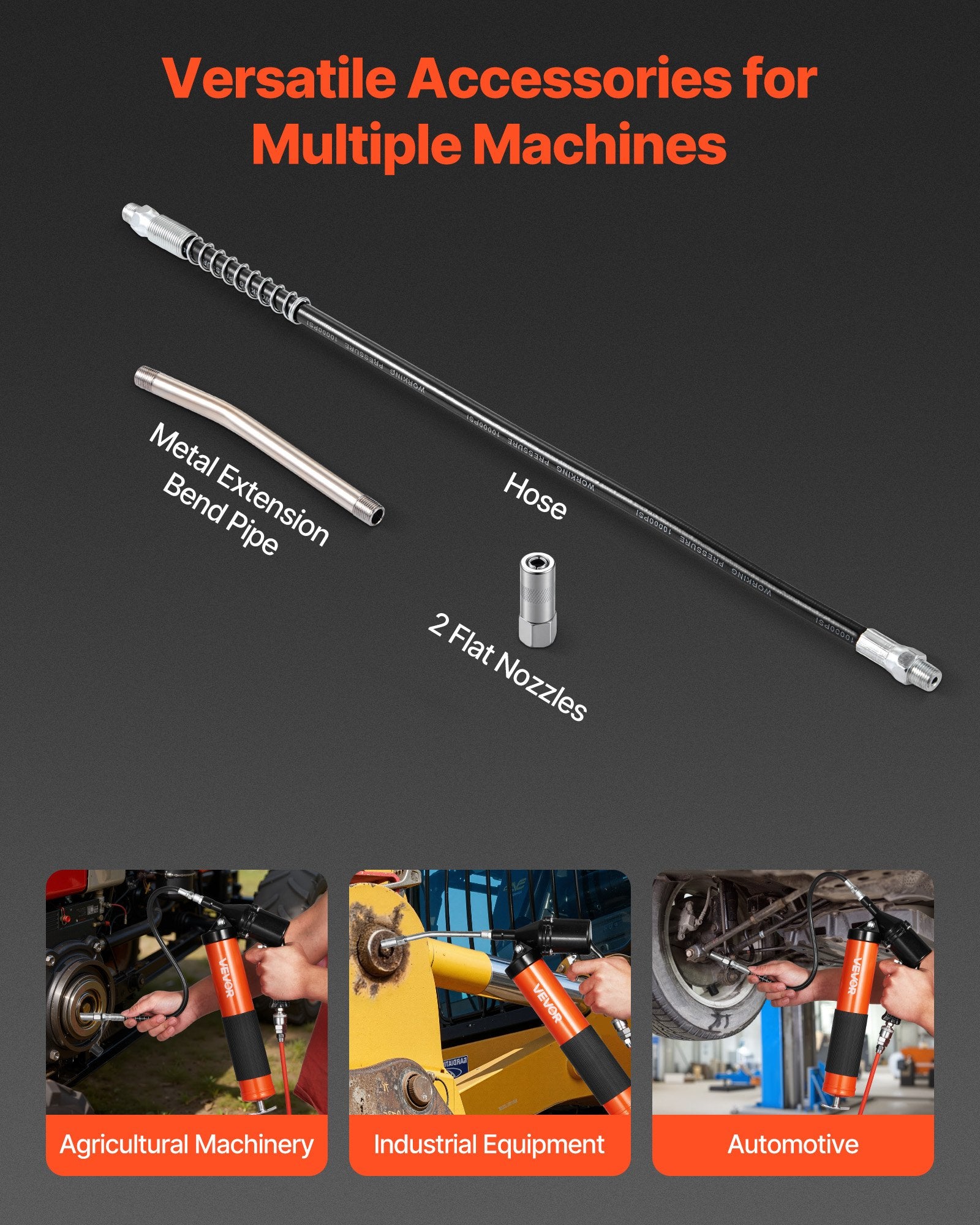 VEVOR Grease Gun, 6000 PSI High Pressure, Heavy Duty Pistol Grip Grease Gun Kit with 0.4 L Capacity, Includes 45.7 cm Flex Hose, 1 Extension Rigid Pipe and 2 Flat Nozzles for Automotive, Marine