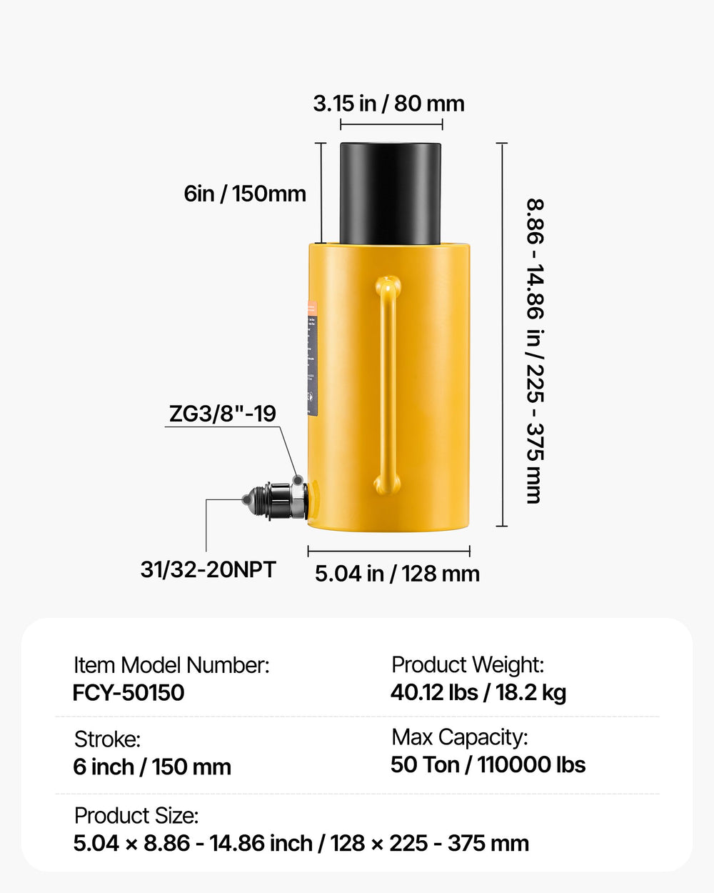VEVOR Hydraulic Cylinder Jack 50T 150 mm Stroke Single Acting Hydraulic Cylinder Jack Ram
