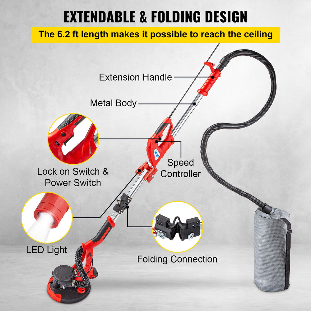VEVOR Electric Drywall Sander 750W Drywall Sander Foldable Sheetrock Sander with Telescope Handle Electric Sander Variable Speed 800-1750RPM Wall Sander with LED spotlights on the handle and Vacuum Bag, 6 Sand Pads