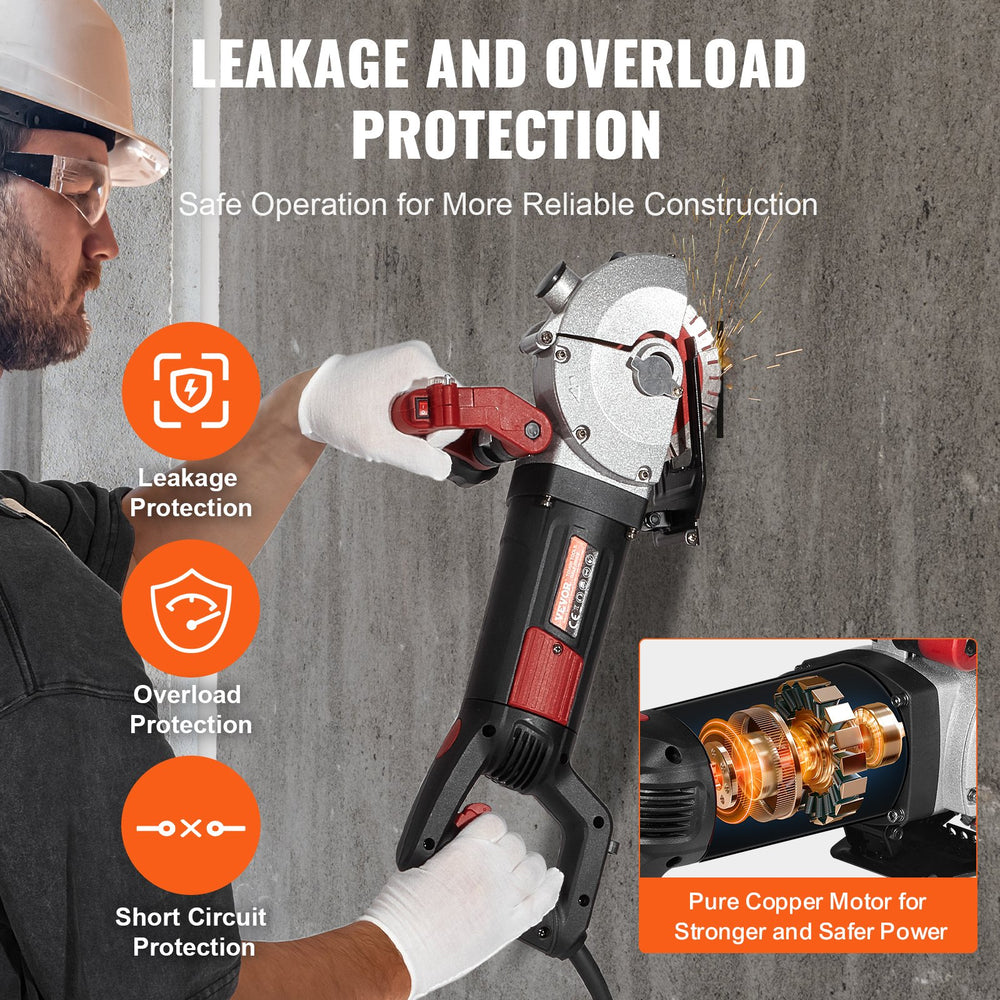 VEVOR Wall Chaser, 34 mm Cutting Depth Wall Cutting Machine 2500W Wall Groove Cutting Machine 38 mm Cutting Width Wall Slotting Machine With 5 Saw Blades 115 mm Diameter 6300r/Min with Infrared Ray