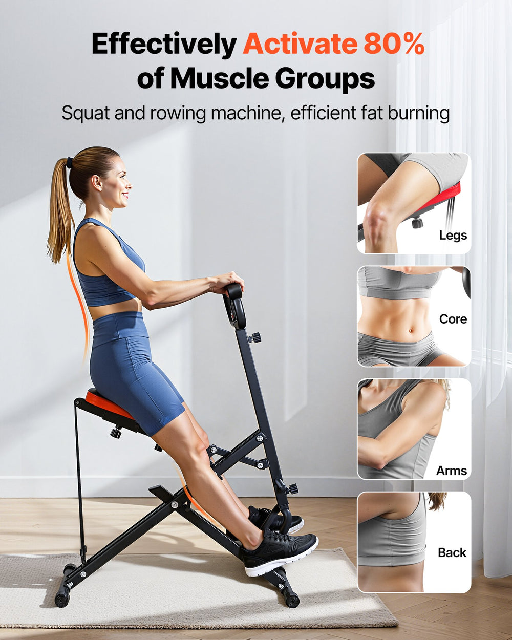 VEVOR Squat Machine, Deep Squat Rowing Machine for Home, Easy Setup & Foldable Exercise Equipment, Glute Trainer Machine with 2 High-Strength Resistance Bands, Glutes & Leg Home Workout Machine, Black