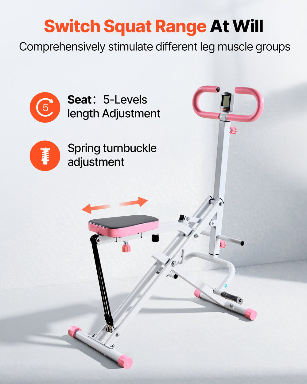 VEVOR Squat Machine, Deep Squat Rowing Machine for Home, Easy Setup & Foldable Exercise Equipment, Glute Trainer Machine with 3 High-Strength Resistance Bands, Glutes & Leg Home Workout Machine, White