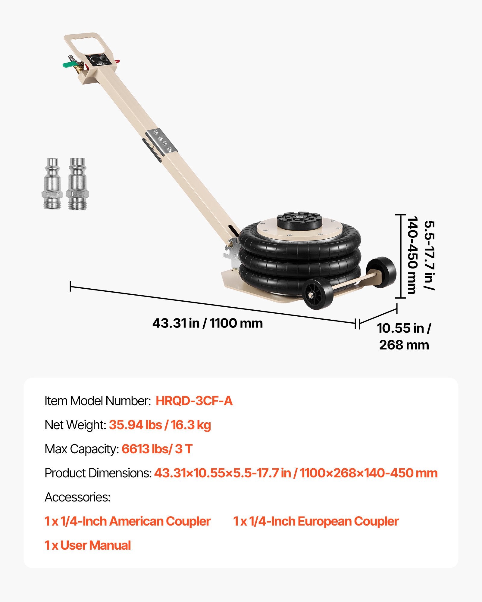 VEVOR Air Jack, 3 Ton Triple Bag Air Jack, Airbag with Six Steel Pipes, Lift Up to 450 mm, 1-6 s Fast Lifting Pneumatic with Adjustable Long Handle & Rubber Pad for Cars, SUVs, Pickup Trucks Repair