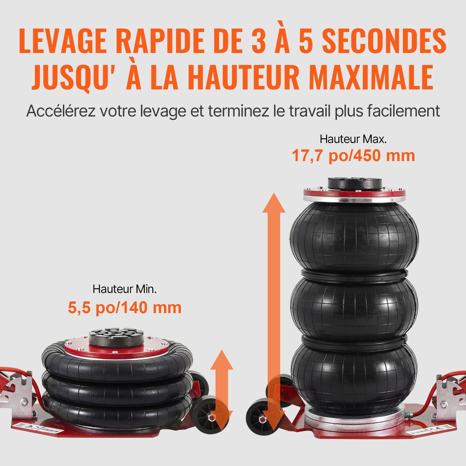VEVOR Air Jack, 3 Ton/3000 kg Triple Bag Air Jack, Airbag Jack with Six Steel Pipes, Lift up to 44.9 cm, 3-5 s Fast Lifting Pneumatic Jack, with Adjustable Long Handle for Cars, Garages, Repair (Red)