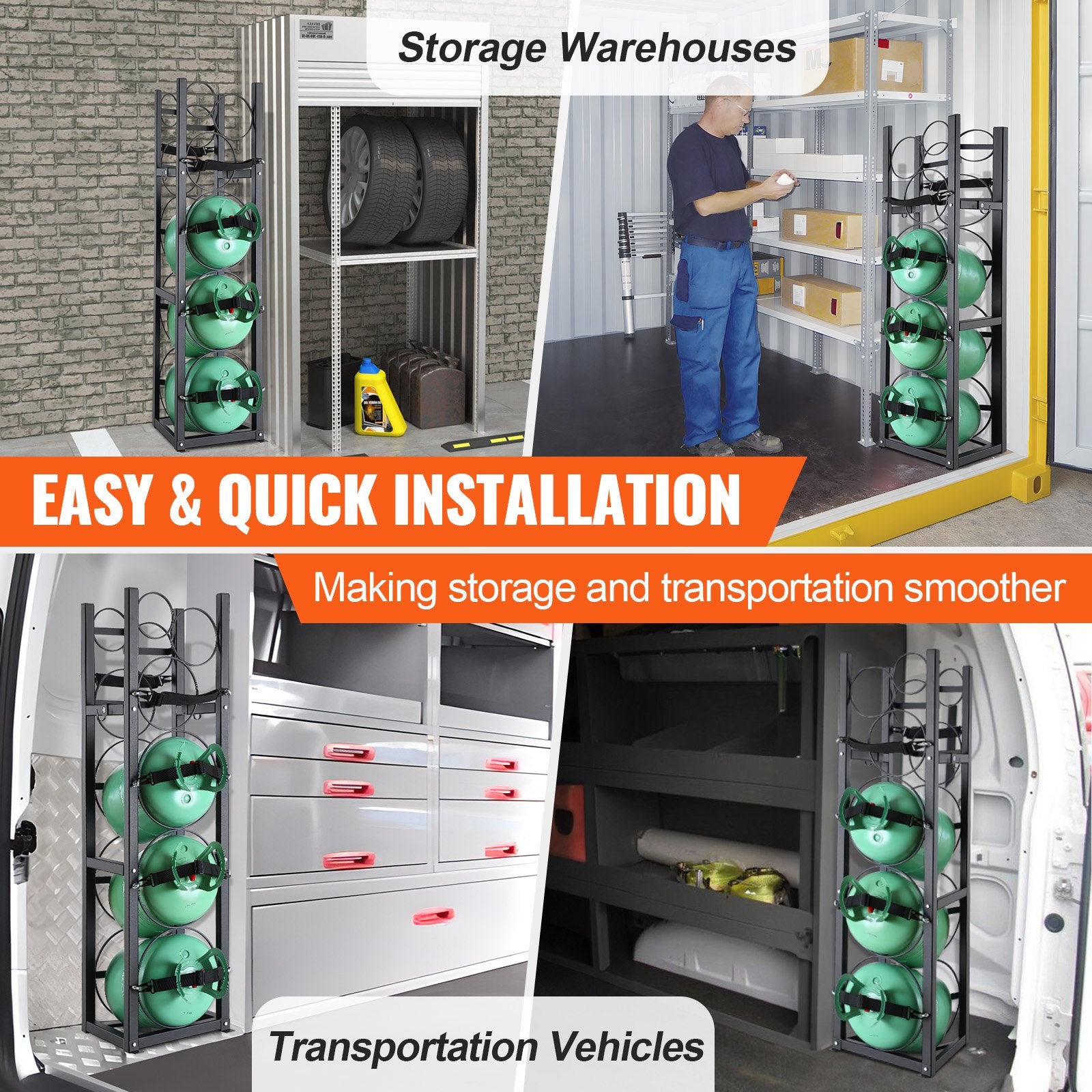 VEVOR Refrigerant Tank Rack, with 3 x 30lbs and Other 3 Small Bottle Tanks, Cylinder Tank Rack 12.79x12.99x47.12 in, Refrigerant Cylinder Rack and Holders for Freon, Gases, Oxygen, Nitrogen