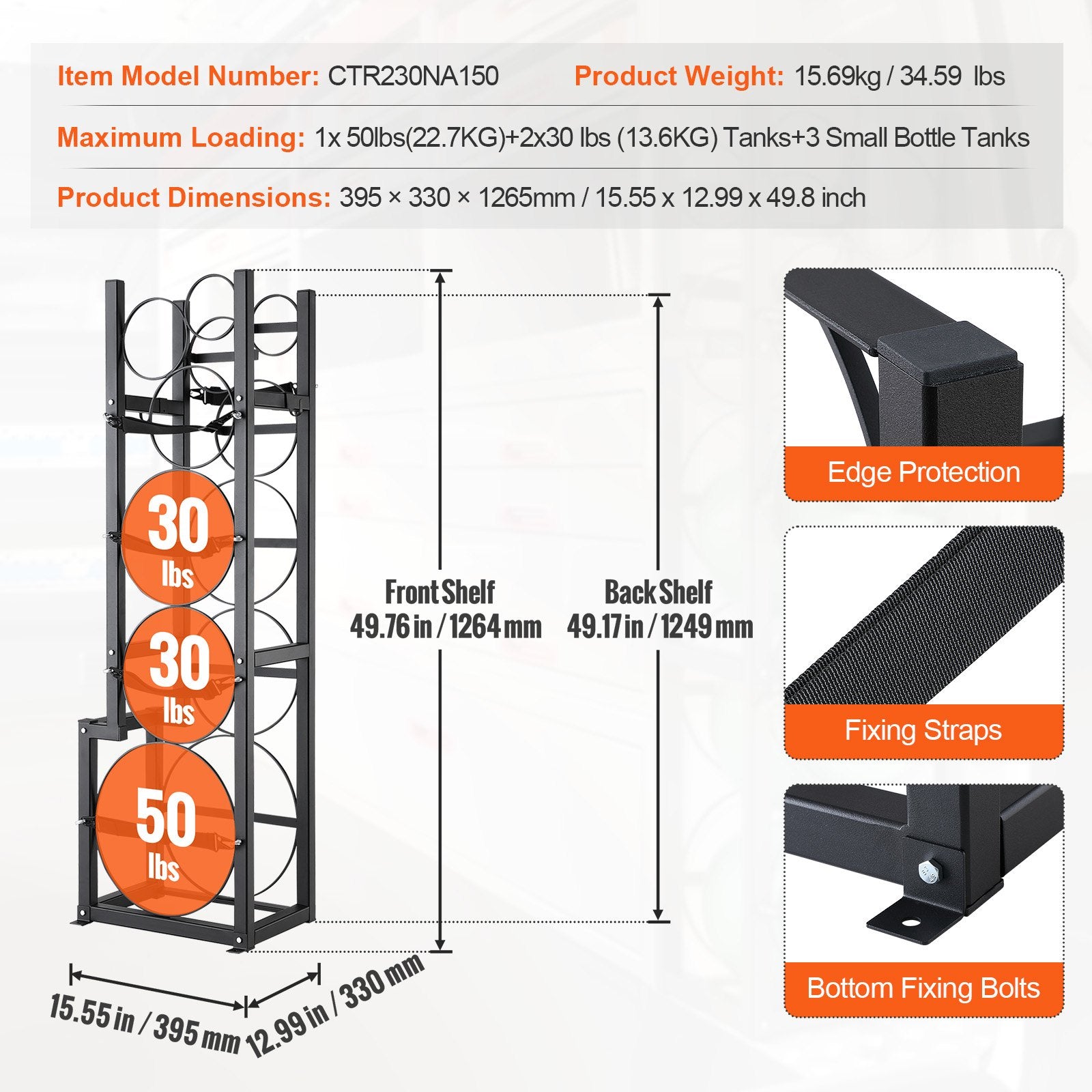 VEVOR Refrigerant Tank Rack, with 1 x 50lb, 2 x 30lb and Other 3 Small Bottle Tanks, Cylinder Tank Rack 15.55x12.99x49.8 in, Refrigerant Cylinder Rack and Holders for Freon, Gases, Oxygen, Nitrogen
