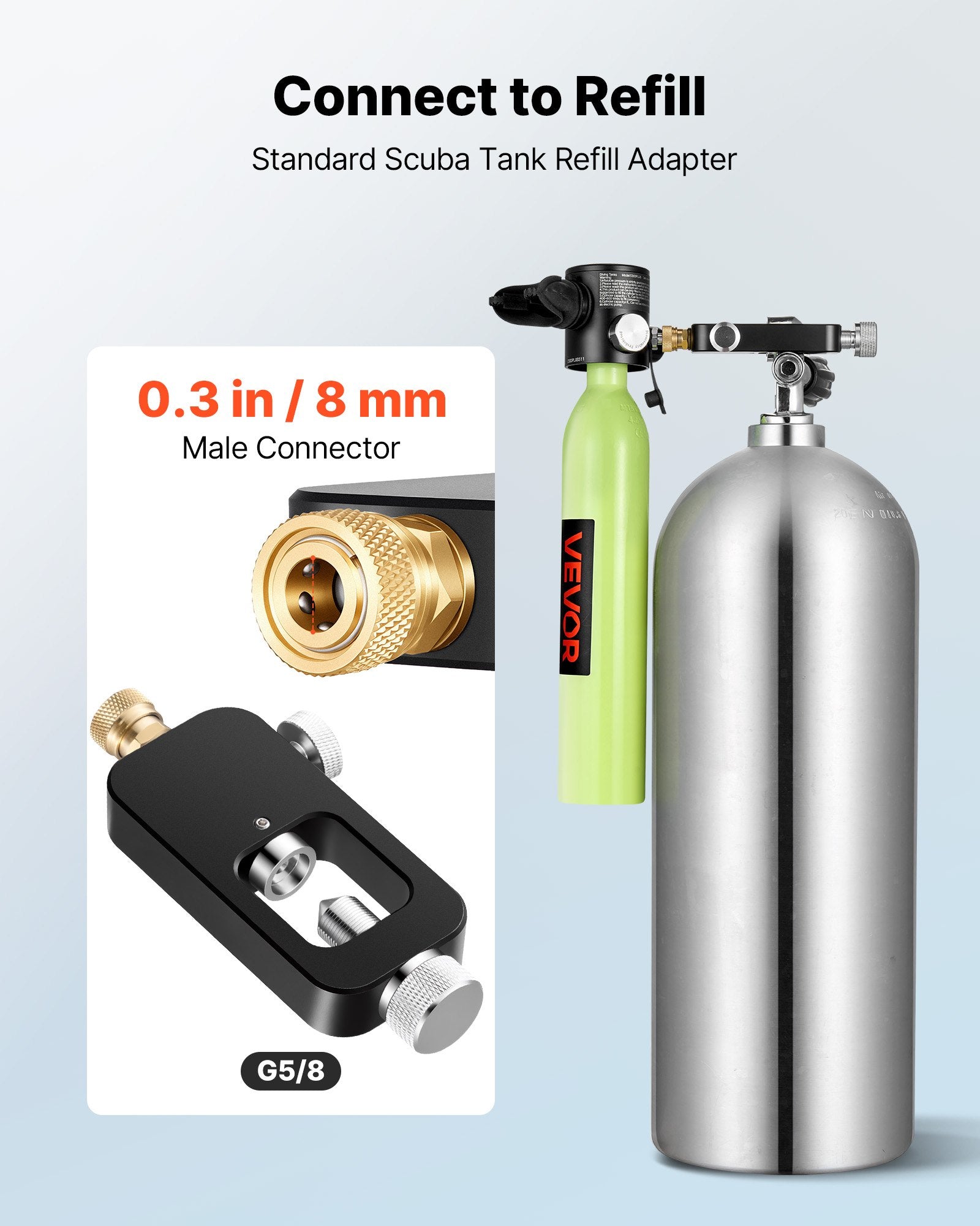 VEVOR Portable Scuba Tank Refill Adapter, 8 mm Male Connector, Aluminum Diving Oxygen Tank Refill Adapter for Oxygen Cylinder Diving Equipment, High Pressure Fill Station for Underwater Exploration
