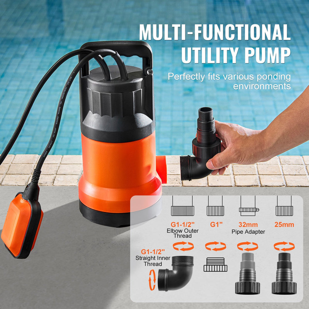 VEVOR Submersible Utility Pump Sump Pump 400W 2510 GPH/9506 LPH 26 ft/7.9 m Head Water Pump