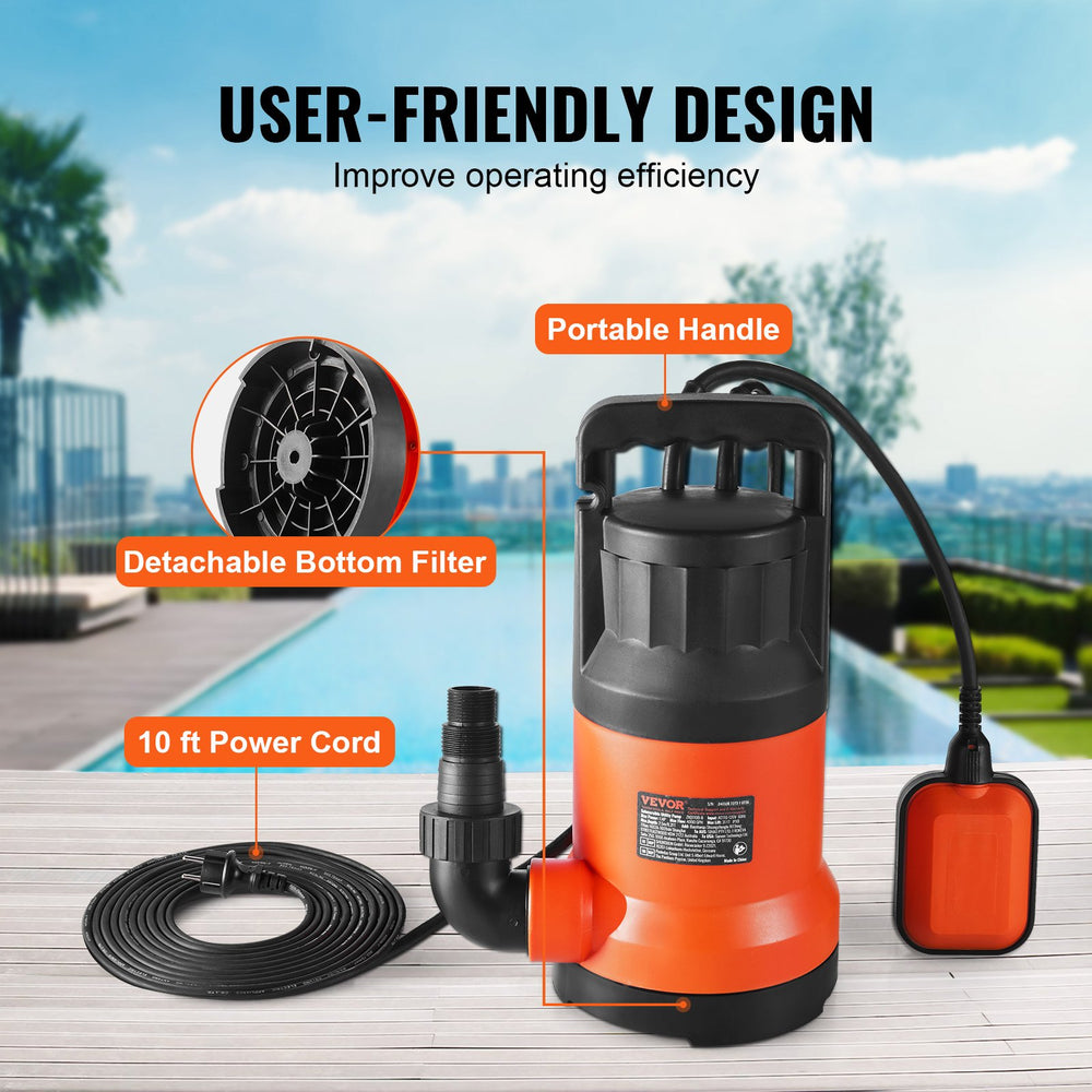 VEVOR Submersible Utility Pump Sump Pump 400W 2510 GPH/9506 LPH 26 ft/7.9 m Head Water Pump