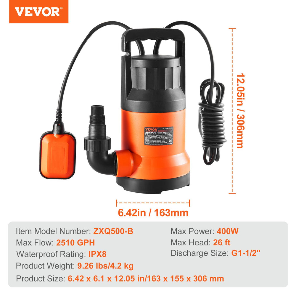 VEVOR Submersible Utility Pump Sump Pump 400W 2510 GPH/9506 LPH 26 ft/7.9 m Head Water Pump