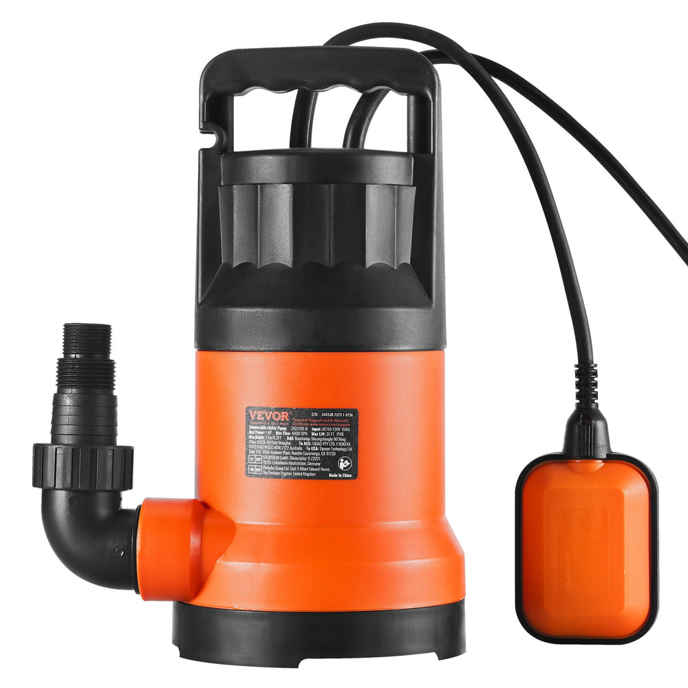 VEVOR Submersible Utility Pump Sump Pump 400W 2510 GPH/9506 LPH 26 ft/7.9 m Head Water Pump