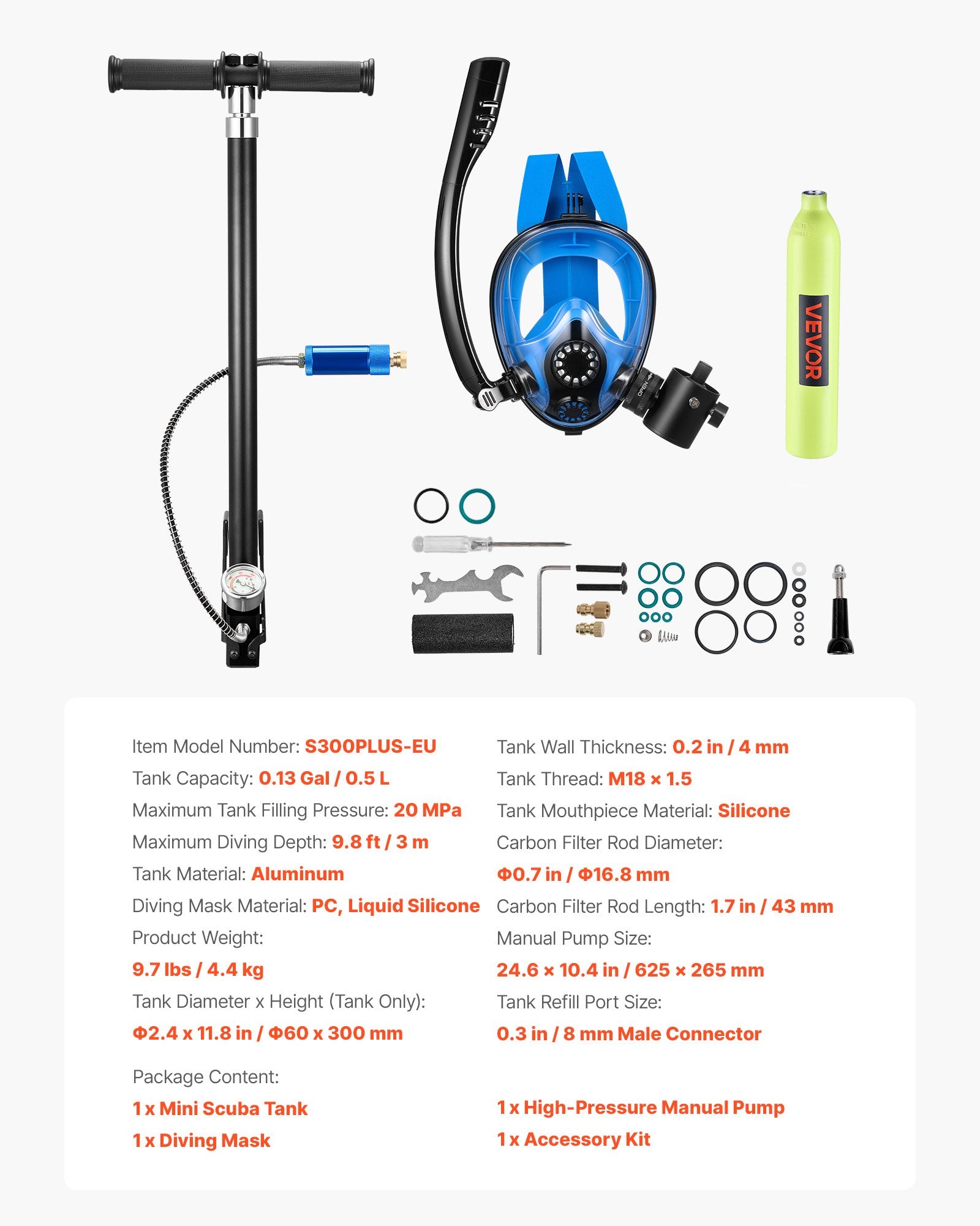 VEVOR Mini Scuba Tank with Sub-Mask, 0.5L Portable Diving Tank for Underwater Breathing, Reusable Lung Diving Cylinder up to 10 Minutes Dive Time, Emergency Rescue Pony Bottle with Pump for Snorkeling