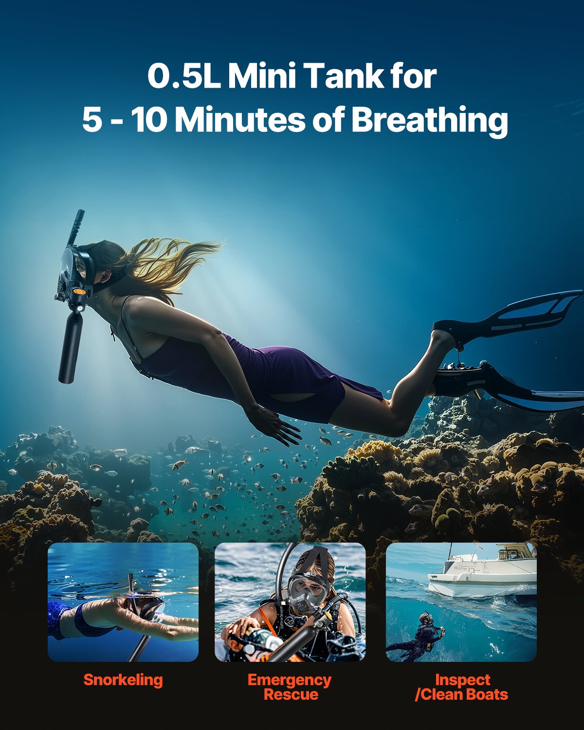 VEVOR Scuba Tank, 0.5L Portable Diving Tank, Diving Oxygen Cylinder with Pump Supports 5-10 Minutes Underwater Breathing, 32.81 ft Diving Depth, Refillable Snorkel Air Tank for Underwater Exploration