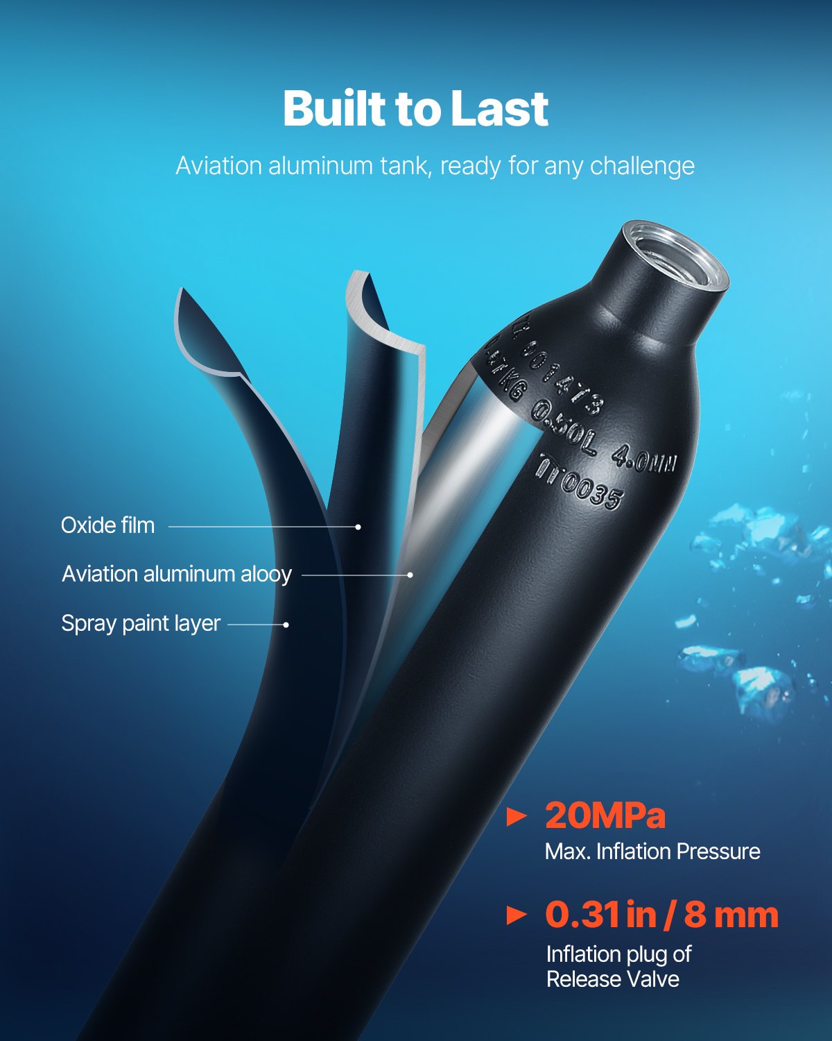 VEVOR Scuba Tank, 0.5L Portable Diving Tank, Diving Oxygen Cylinder with Pump Supports 5-10 Minutes Underwater Breathing, 32.81 ft Diving Depth, Refillable Snorkel Air Tank for Underwater Exploration
