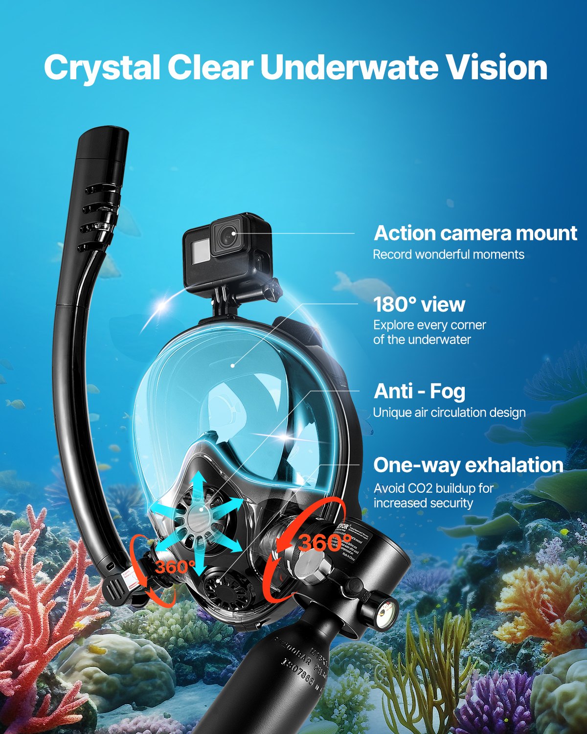 VEVOR Scuba Tank, 0.5L Portable Diving Tank, Diving Oxygen Cylinder with Pump Supports 5-10 Minutes Underwater Breathing, 32.81 ft Diving Depth, Refillable Snorkel Air Tank for Underwater Exploration