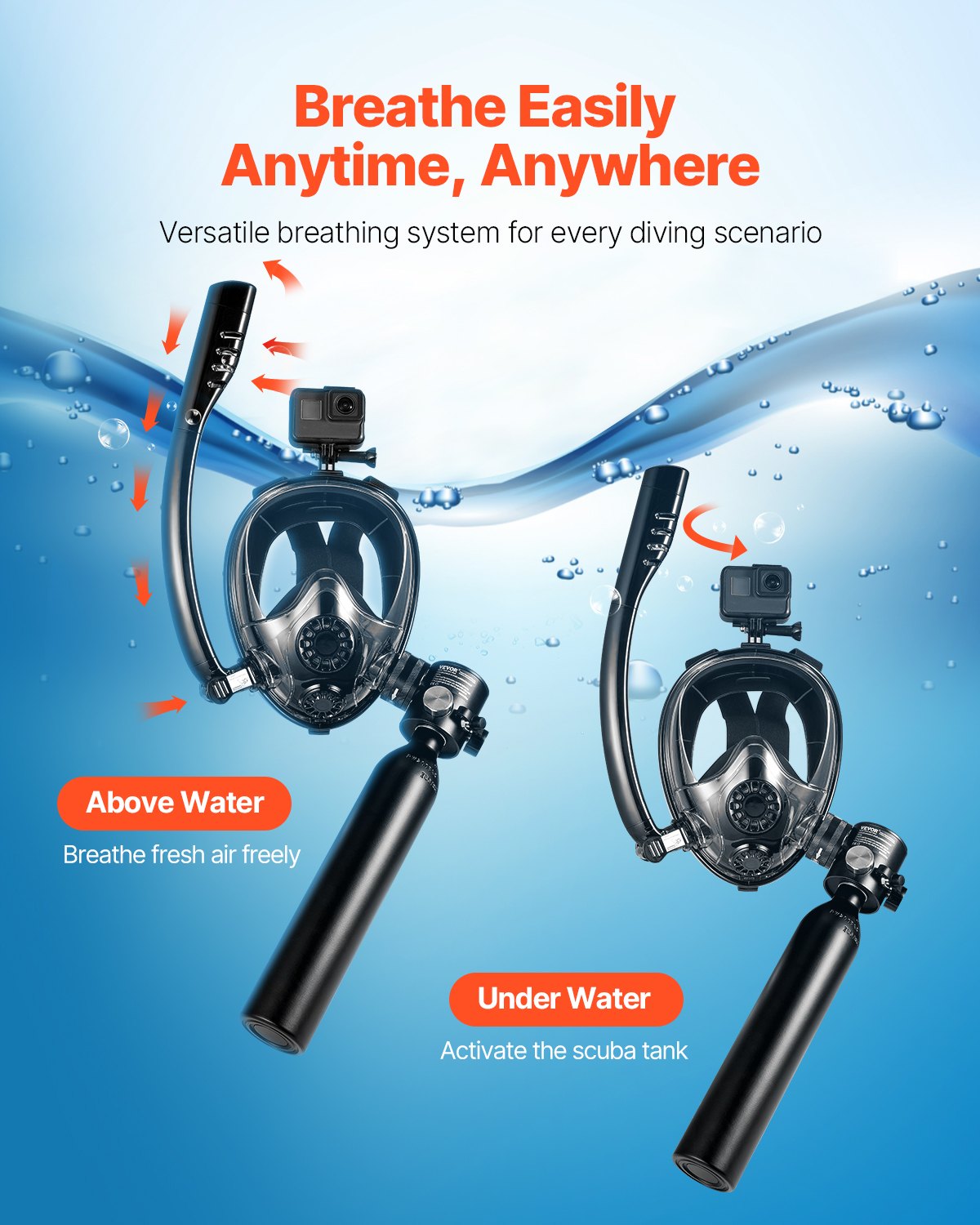 VEVOR Scuba Tank, 0.5L Portable Diving Tank, Diving Oxygen Cylinder with Pump Supports 5-10 Minutes Underwater Breathing, 32.81 ft Diving Depth, Refillable Snorkel Air Tank for Underwater Exploration