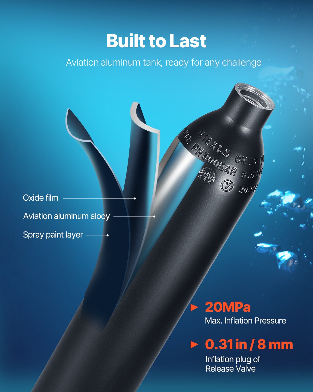 VEVOR Scuba Tank, 0.5L Portable Diving Tank, Diving Oxygen Cylinder with Pump Supports 5-10 Minutes Underwater Breathing, 98.43 ft Diving Depth, Refillable Snorkel Air Tank for Underwater Exploration