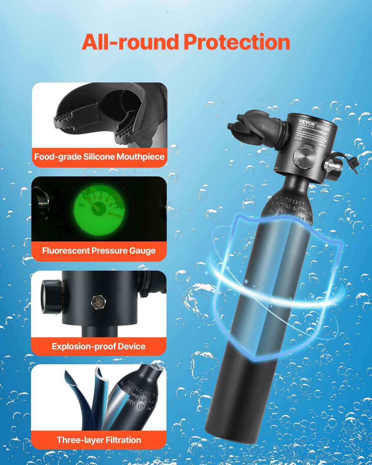 VEVOR Scuba Tank, 0.5L Portable Diving Tank, Diving Oxygen Cylinder with Pump Supports 5-10 Minutes Underwater Breathing, 98.43 ft Diving Depth, Refillable Snorkel Air Tank for Underwater Exploration