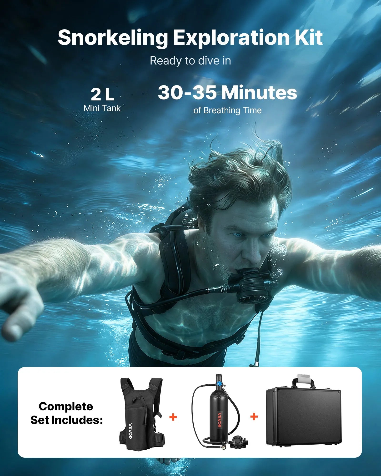 VEVOR Mini Scuba Tank, 2L Portable Diving Tank for Underwater Breathing, Reusable Lung Diving Cylinder up to 35 Minutes Dive Time, Emergency Rescue Pony Bottle with Backpack & Case for Snorkeling
