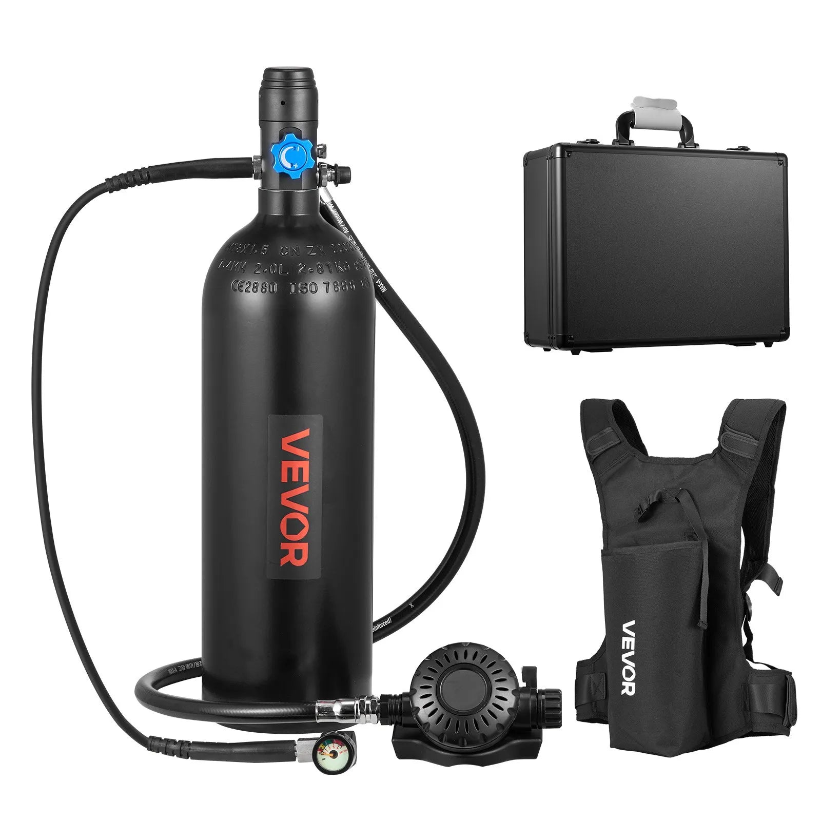 VEVOR Mini Scuba Tank, 2L Portable Diving Tank for Underwater Breathing, Reusable Lung Diving Cylinder up to 35 Minutes Dive Time, Emergency Rescue Pony Bottle with Backpack & Case for Snorkeling
