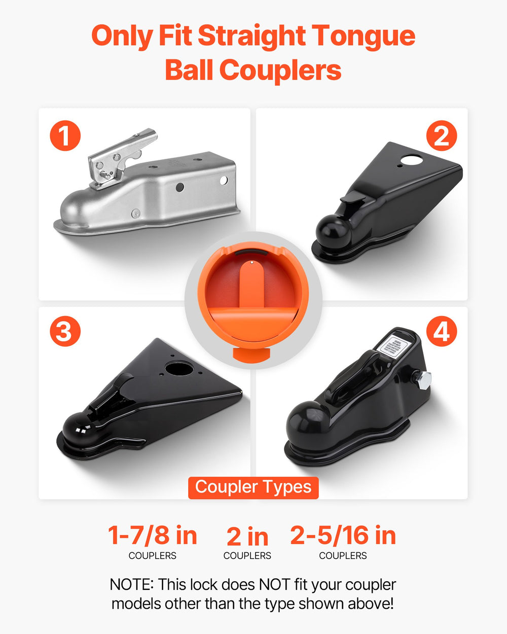 VEVOR Trailer Lock, Fits 47.5, 50.6 & 58.6 mm Straight Tongue Ball Couplers, Heavy Duty Hitch Lock with 4 Keys Secures Security Chains, Anti-Theft RV Trailer Locks for RV, Trailer, Boat