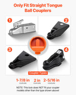 VEVOR Trailer Lock, Fits 47.5, 50.6 & 58.6 mm Straight Tongue Ball Couplers, Heavy Duty Hitch Lock with 4 Keys Secures Security Chains, Anti-Theft RV Trailer Locks for RV, Trailer, Boat