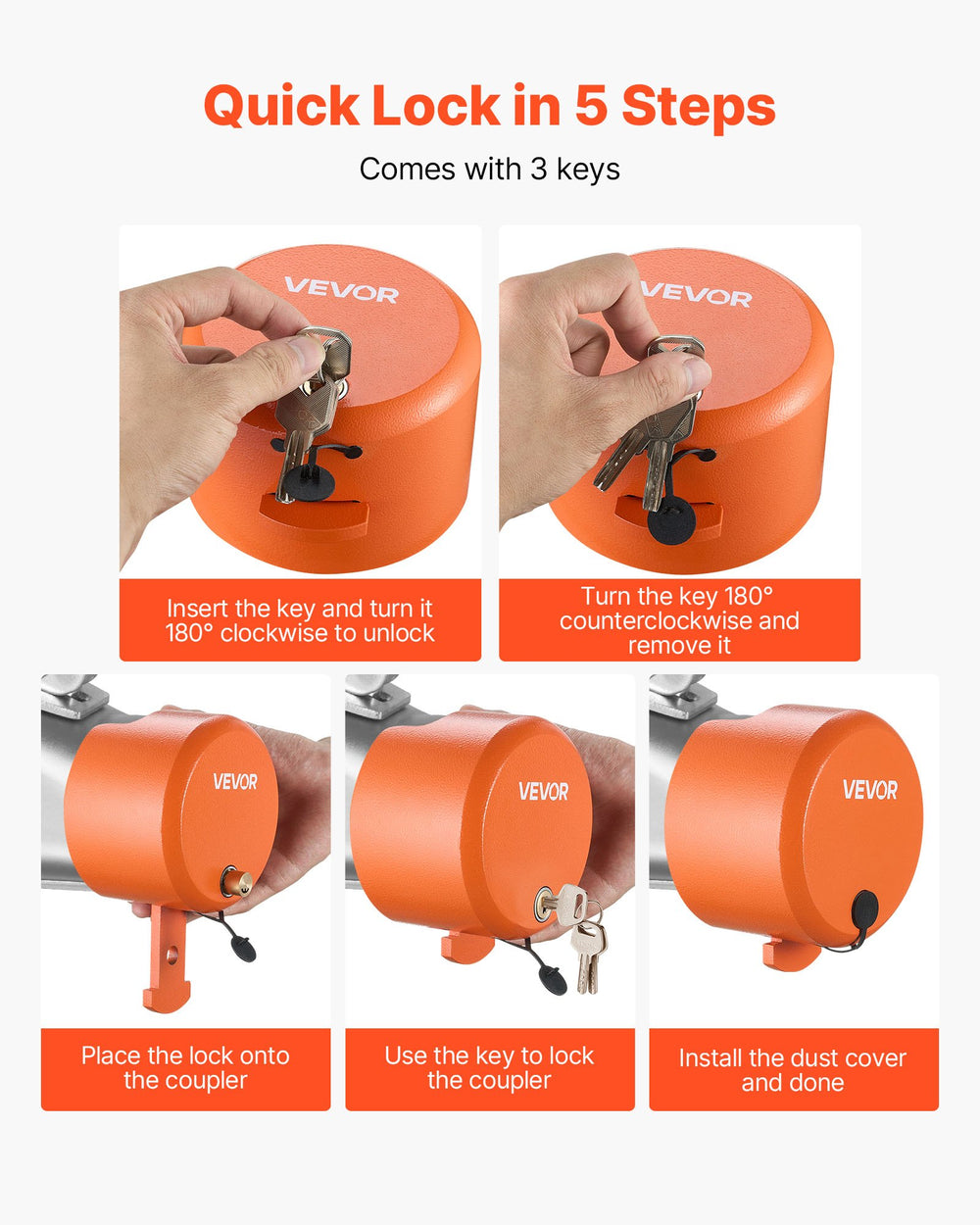 VEVOR Trailer Lock, Fits 47.5, 50.6 & 58.6 mm Straight Tongue Ball Couplers, Heavy Duty Hitch Lock with 4 Keys Secures Security Chains, Anti-Theft RV Trailer Locks for RV, Trailer, Boat