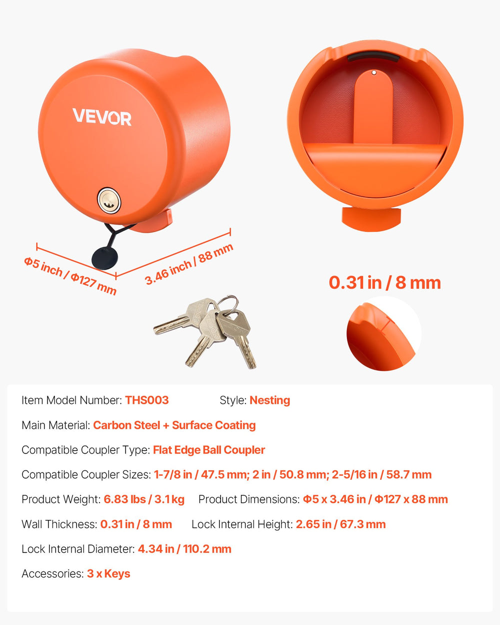 VEVOR Trailer Lock, Fits 47.5, 50.6 & 58.6 mm Straight Tongue Ball Couplers, Heavy Duty Hitch Lock with 4 Keys Secures Security Chains, Anti-Theft RV Trailer Locks for RV, Trailer, Boat