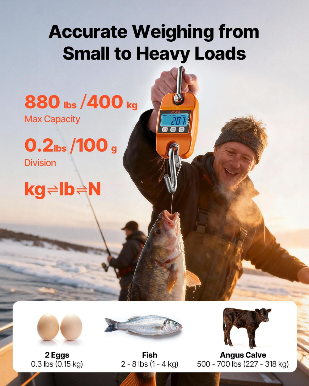 VEVOR Digital Crane Scale, 880 lbs/400 kg Max Capacity, Handheld Hanging Scale with Cast Aluminum Case & LCD Display, 100 g Division & 3 Unit Switch, Auto-Off Setting for Farm Hunting Fishing, Orange