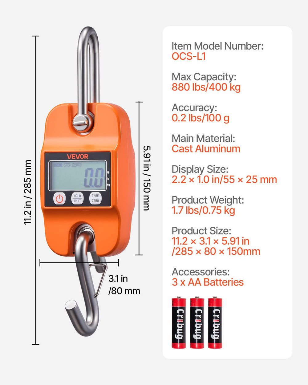 VEVOR Digital Crane Scale, 880 lbs/400 kg Max Capacity, Handheld Hanging Scale with Cast Aluminum Case & LCD Display, 100 g Division & 3 Unit Switch, Auto-Off Setting for Farm Hunting Fishing, Orange