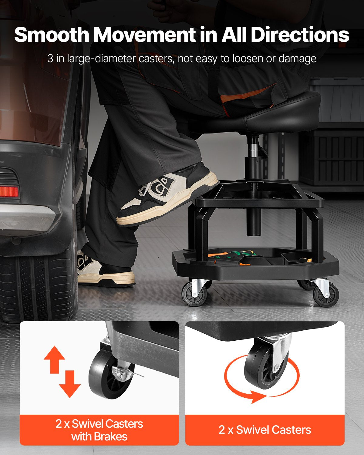 VEVOR Rolling Shop Stool, Pneumatic Garage Seat/Work Stool with 300 lbs Capacity, Adjustable Height Roller Creeper Seat, 360° Swivel Padded Workshop Stool with Casters, for Garage, Shop & Auto Repair
